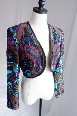Vintage Black Silk Hand-Beaded Sequin Bolero Jacket – Size S/M